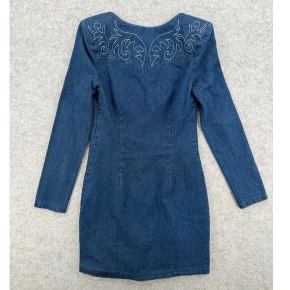 NWT Avec Les Filles Western Portrait-Neck Snap-Front Embroidered Denim Dress - Picture 8 of 11